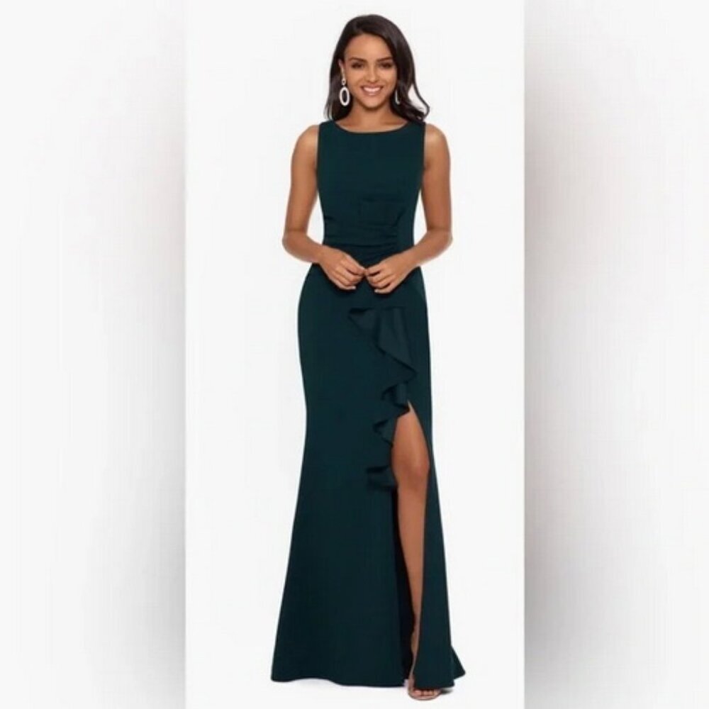 Betsy & Adam Pine Green Ruffle Bow Trumpet Gown